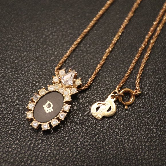 Christian Dior Necklace Women's Stone Rhinestone Crown Gold Black Oval Vintage - Picture 8 of 8